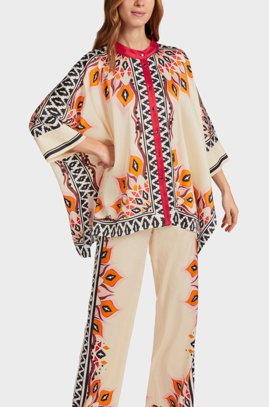 Women MARC CAIN Shirts & Blouses | Aztec Blouse In Poncho Style Multi Red